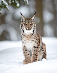 Fototapeta premium Lynx sitting in the snow with a blurry forest background, looking forward at the camera