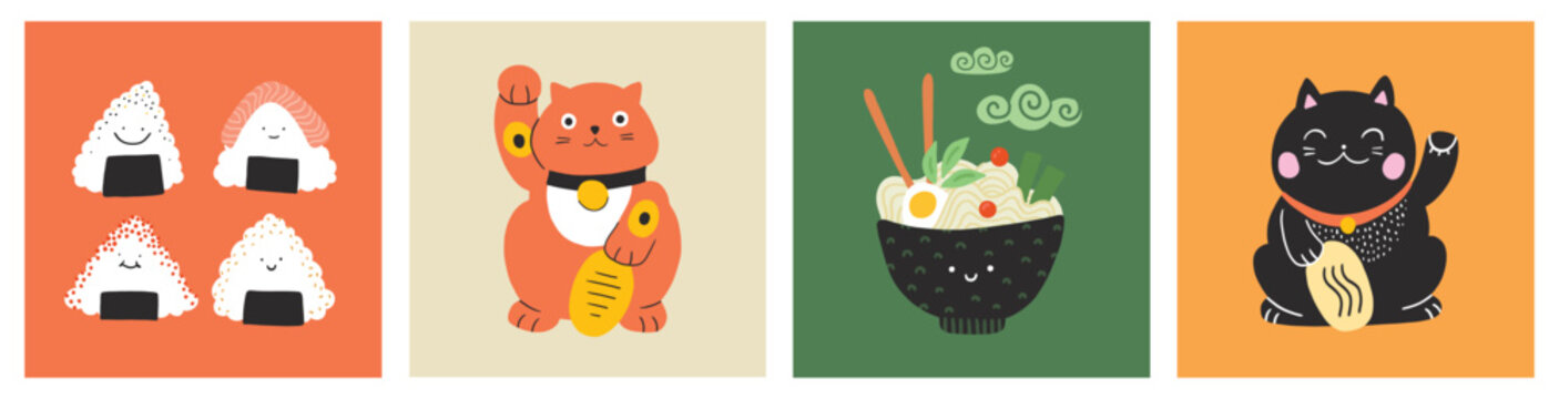 Asian food and culture posters, square banners. Minimal geometric japanese korean thai chinese cuisine, onigiri salmon rice ramen tom yum soup. Maneki neko, Japan cat. Flat vector background.