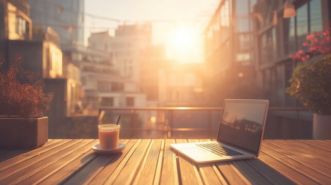 Sunlit balcony workspace with laptop and coffee enjoying early morning sunlight in urban apartment setting