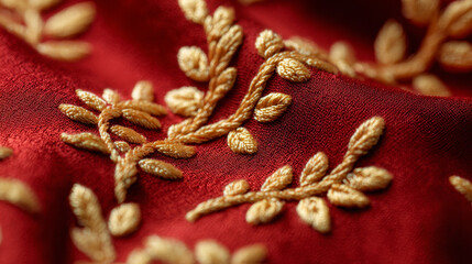 Golden thread embroidery on crimson silk fabric shows luxury textile with intricate leaf pattern design