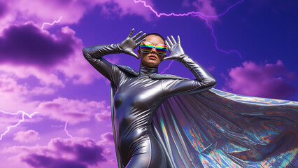 Confident woman in metallic silver bodysuit with flowing holographic cape against electric violet sky  