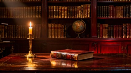 A lit candle on a wooden desk in a library with bookshelves, a globe, and an old book
