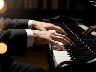 Obraz premium Close-up of a musician's hands elegantly playing a grand piano in a dimly lit room