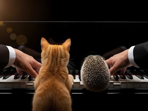 Orange cat and hedgehog play piano duet with human hands in formal attire
