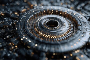 Advanced cyber security data visualization showcasing intricate circuit patterns and glowing nodes in a high-tech environment