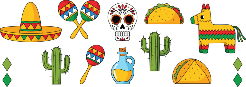 Mexican culture icons set vector illustration traditional food symbols skull cactus pi&ntilde;ata and fiesta elements