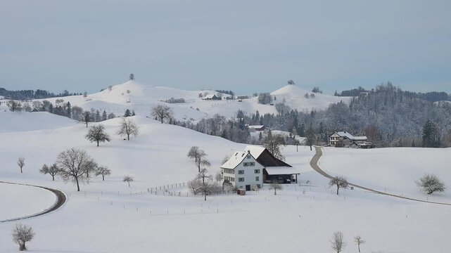 Verschneite Landschaft mit sanften H&uuml;geln, Landstrasse und vereinzelt stehenden H&auml;usern in ruhiger Winteratmosph&auml;re, Sch&ouml;ningen, Z&uuml;rich, Kanton Z&uuml;rich, Schweiz, Europa 