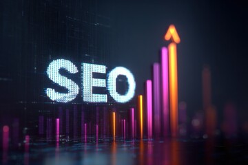 Colorful SEO text with growth arrow on digital background showcases marketing trends and potential improvements in online visibility and performance