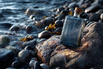 Gray bottle resting on smooth rocks by the ocean as gentle waves wash over during the golden hour sunset in a serene coastal setting