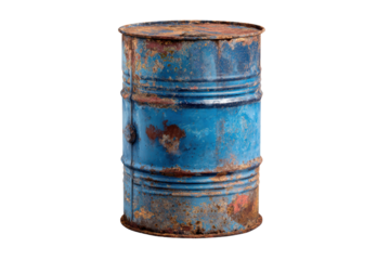 A rusted blue barrel sits on a white background. The barrel is old and worn, with a faded blue color. Concept of nostalgia and decay, png
