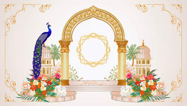 Royal Indian illustration featuring peacock perched beside palace architecture, lush palms, floral patterns, and ornate framing, suitable for luxury invites, cultural packaging, and tourism promotiona