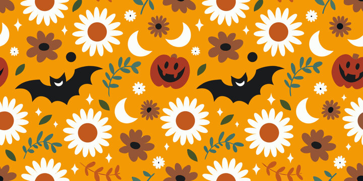 A festive halloween pattern featuring flowers bats pumpkins and crescent moons