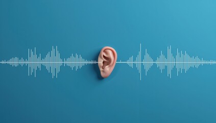 Listening and sound technology concept with ear and waveform on blue background