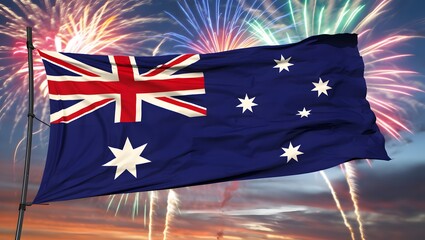 Vibrant display of the australian flag with fireworks in the background