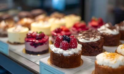 Selection of mini cakes on a coffee shop counter