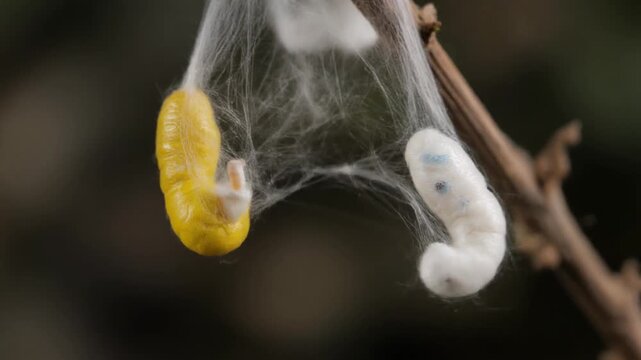 Silkworm Cocoons Hanging from Branch Closeup.