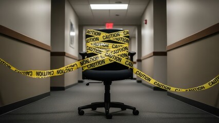 Office chair wrapped in yellow caution tape in a hallway.