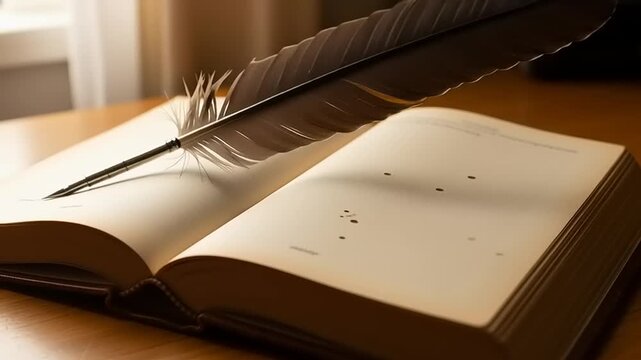 Feather Quill Pen on Open Book.