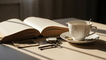 Open book with coffee cup and vintage watch on a table with sunlight.