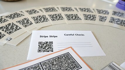 Collection of QR codes on cards for tracking, verification, and validation with labels and organized layout on a table