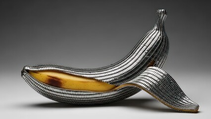 Ornate Silver Banana Sculpture with Yellow Interior Detail.