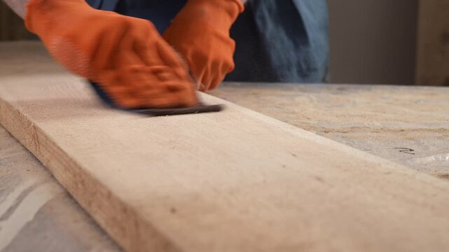 Close-up of carpenter hands in orange gloves sanding Polishing wooden board with sandpaper