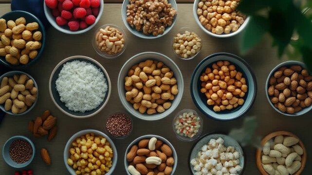 Variety of nuts and fruits arranged in bowls on a wooden table, ideal for a healthy snack or party platter