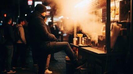 People gathered around a steaming food stall at night.