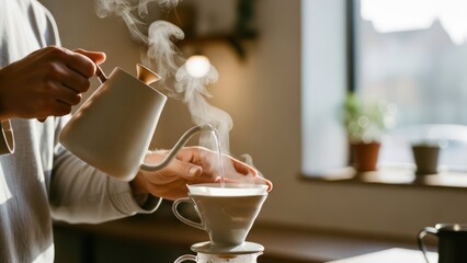 Person carefully pouring hot water into a coffee filter for brewing.