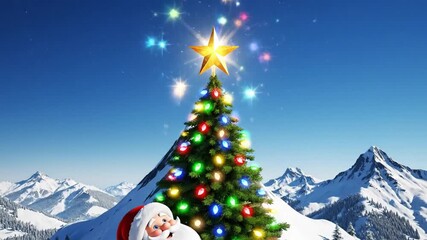 Santa Claus sitting in front of a brightly lit Christmas tree with a star on top, set against a snowy mountain range under a clear blue sky