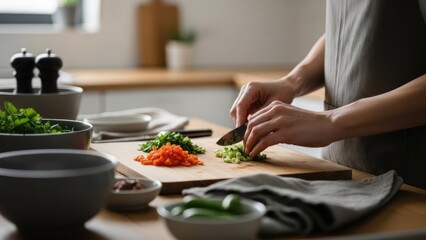 Person chopping fresh vegetables on a wooden cutting board in a bright kitchen setting.