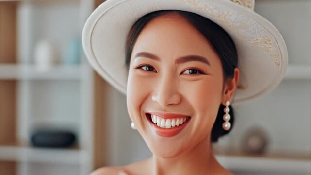 Smiling young Asian woman in white hat and earrings looking away from camera in indoor setting with blurred background