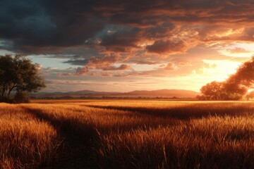 Fototapeta premium Golden autumn sunset over a tranquil field with vibrant clouds and distant mountains reflecting peaceful nature