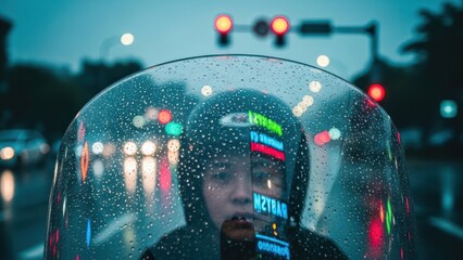 Person wearing a helmet on a motorcycle in the rain at night with city lights bokeh.