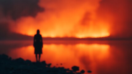 Obraz premium A silhouetted figure stands by a reflective water body, surrounded by a vivid, fiery orange glow from a distant source, creating an intense and moody atmosphere.