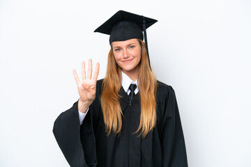Young university graduate caucasian woman isolated on white background happy and counting four with fingers