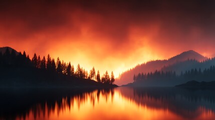 A dramatic sunset over a lake, with fiery orange and red hues reflecting off the water, surrounded by dark silhouettes of trees and mountains.