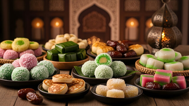 AI PHOTO - Sweet cake set for Iftar Ramadan preparation consists of Klepon, Mini Pancakes, Date Fruits, Kue Basah, Kue Lapis, etc. above a table with a lamp decor