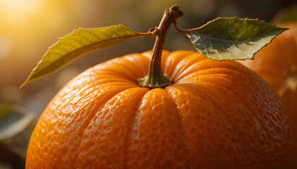Close up of fresh orange with leaf on sunny day