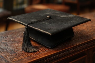 Formal black graduation cap resting on an ornate wooden surface in a warm, inviting room with a classic vibe