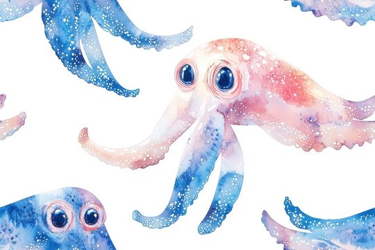 Watercolor seamless pattern of cuttlefish, isolate on white background.