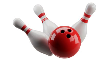 Red bowling ball hits white pins in a strike knocking them down in a game of bowling on a white background PNG.
