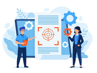 Tiny people project managers work on vision and scope document. Vision and scope document, project main plan, project management document concept. flat vector modern illustration 
