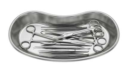 Surgical Instruments Tray Setup: Stainless steel surgical tools neatly arranged in a kidney dish, symbolizing sterile medical equipment, clinical procedures, and professional healthcare practice.