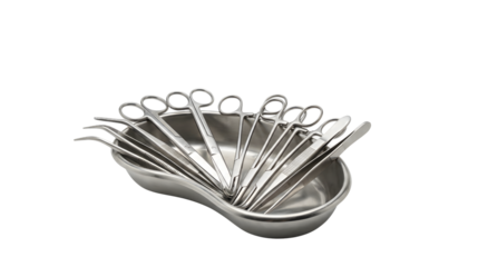 Surgical Instruments Collection in Kidney Dish: Assorted stainless steel surgical tools arranged in a kidney tray, representing sterile medical equipment, surgery preparation, and clinical practice.