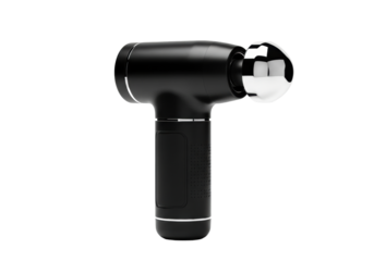 Matte black modern percussion massage gun with sleek ergonomic handle and chrome dome head, crisp studio lighting, isolated on transparent background, showcasing cutting-edge wellness technology