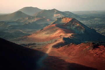 Naklejka premium Explore the stunning volcanic landscape of Timanfaya National Park at sunset, where vibrant colors meet rugged terrain in an otherworldly setting