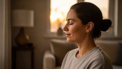 Serene Woman Meditating Indoors with Eyes Closed.