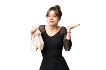 Young girl practicing ballet over isolated chroma key background having doubts while raising hands