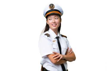 Airplane pilot Asian woman over isolated background with arms crossed and happy